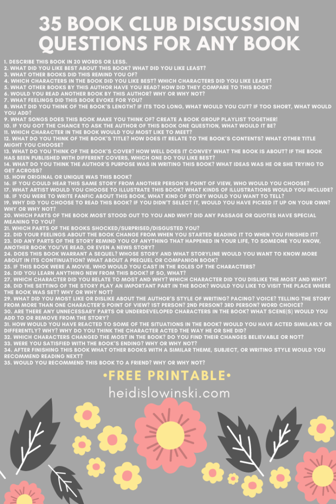 book club discussion questions printable